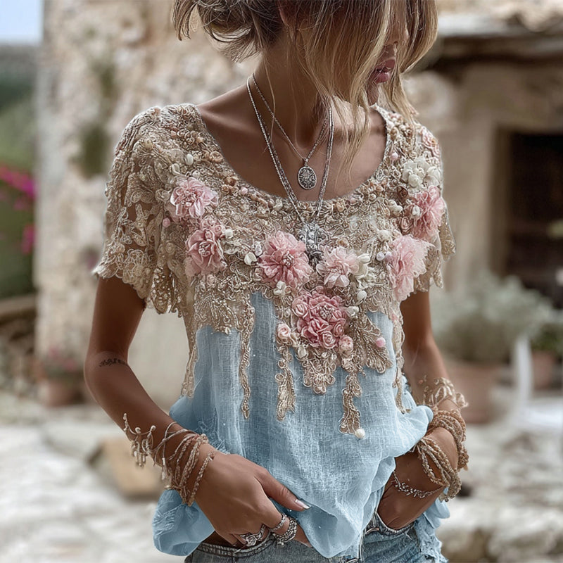 T-shirt da donna in misto lino con ricamo rosa, collo rotondo e maniche corte