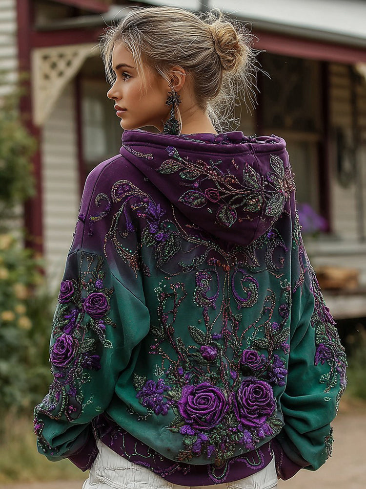 Sweat à capuche décontracté pour femme à motif dégradé rose violet rétro