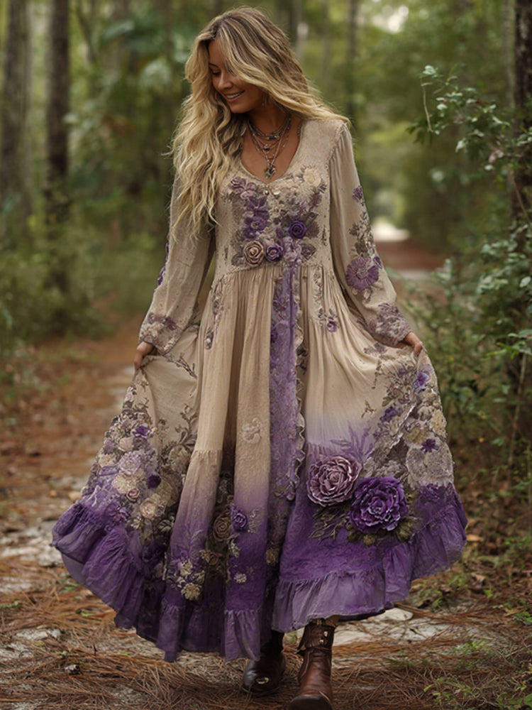 Robe longue vintage classe dégradée violette lavande et brodée de fleurs