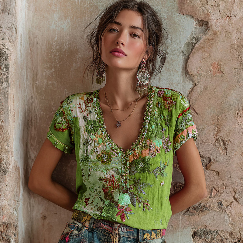 T-shirt da donna bohemien in misto lino con ricamo floreale, scollo a V e colore a contrasto