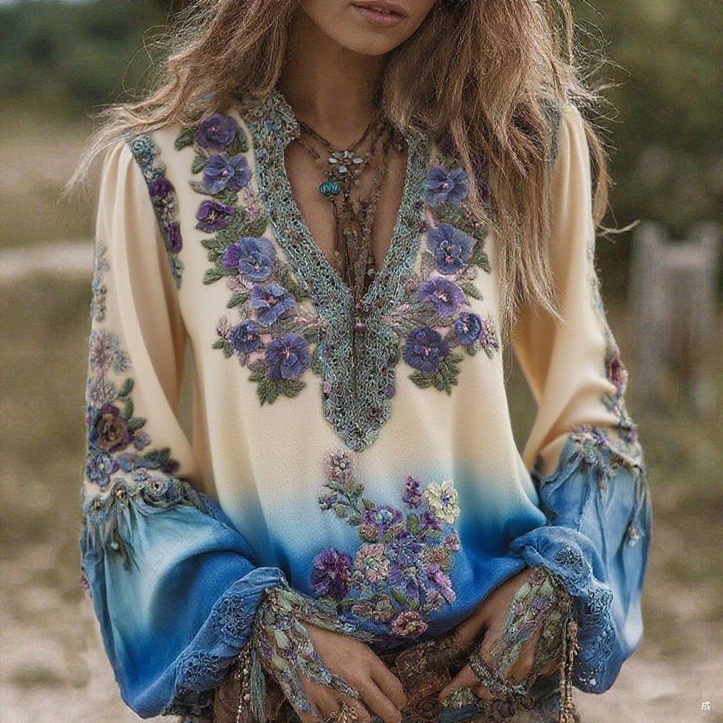 Chemisier à manches longues en lin brodé de pensées dégradées violettes, style vintage et chic