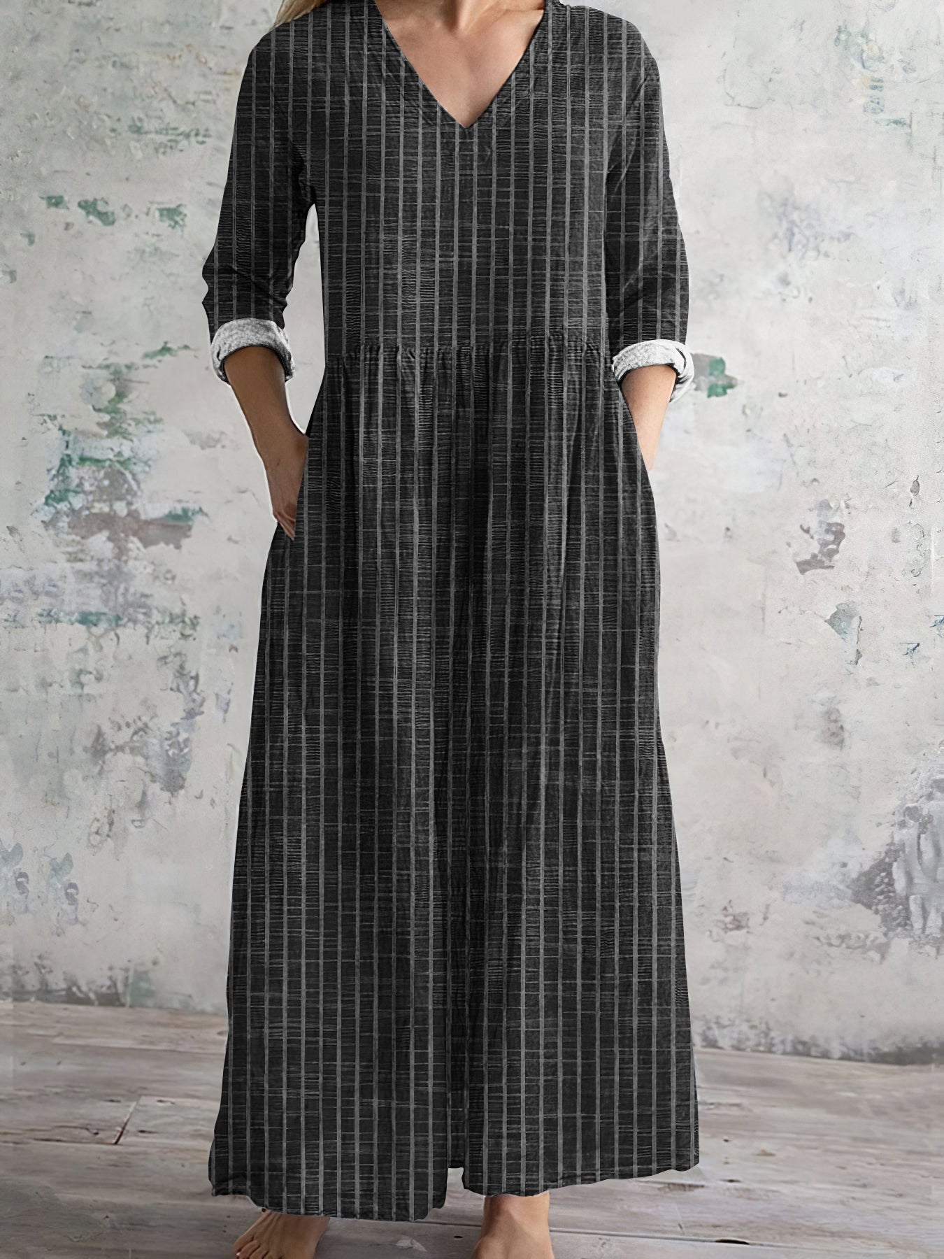 Robe en lin à motif rayé vintage pour femme