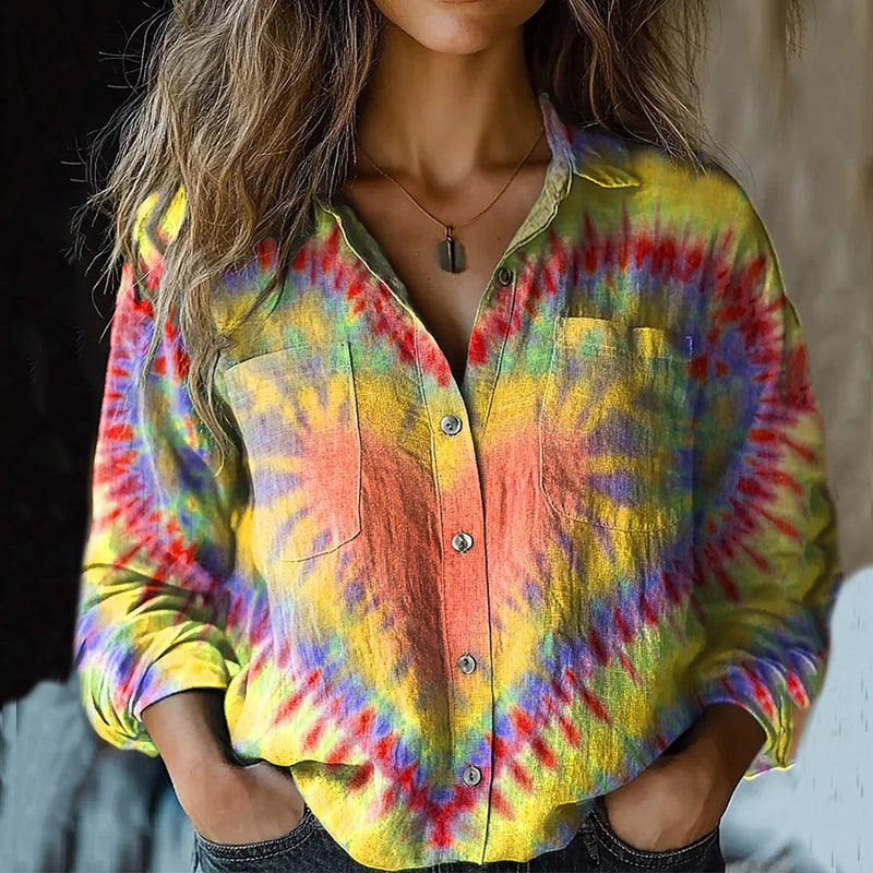 Chemise Tie-Dye Rétro Colorée Cœur pour Femme