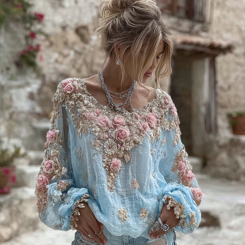 T-shirt da donna vintage in misto lino con ricamo di fiori rosa, collo rotondo e maniche lunghe