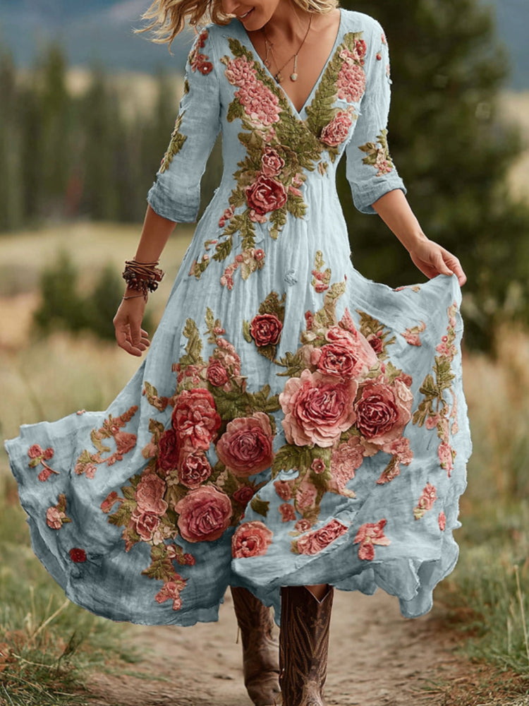 Abito lungo comodo da donna in lino misto con scollo a V e motivo floreale vintage di rose