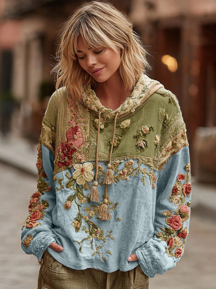 Felpa casual con cappuccio da donna a blocchi di colore con ricamo floreale in stile boho
