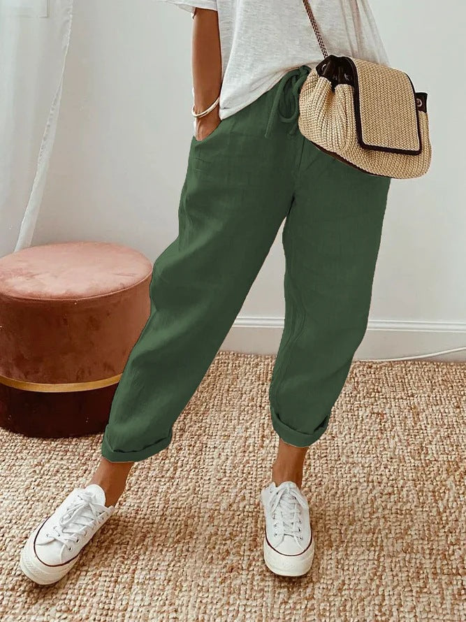 Pantalon décontracté à cordon de serrage avec poches et insert de couleur unie
