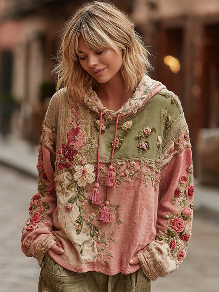 Sweat-shirt décontracté à capuche pour femme avec broderie florale et blocs de couleurs style bohème