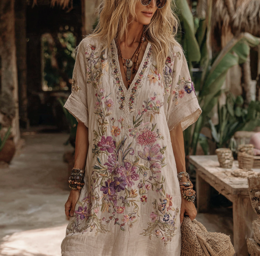 Robe midi confortable à broderie florale et col en V pour femme