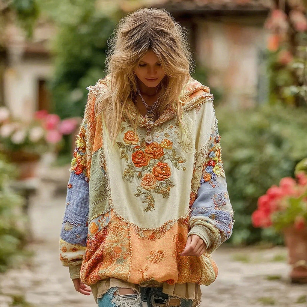 Sweat à capuche vintage à motif floral pour femme