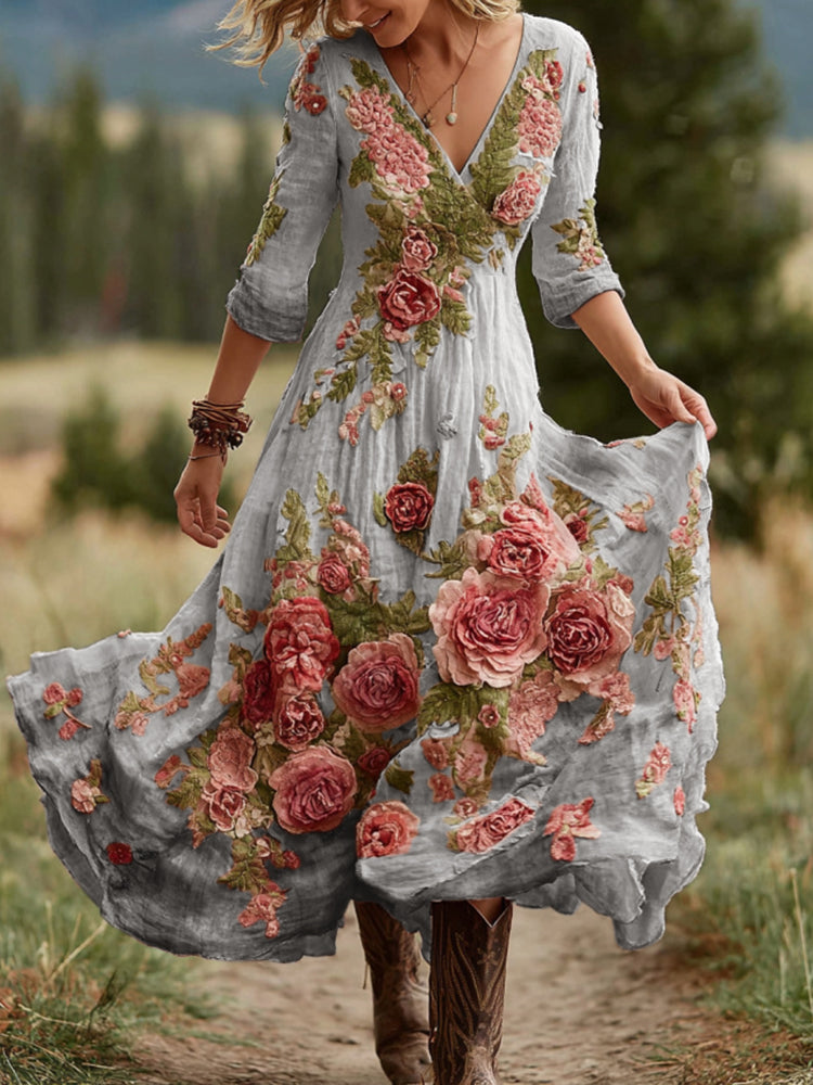 Robe longue confortable en mélange de lin à col en V, motif floral rose vintage pour femme