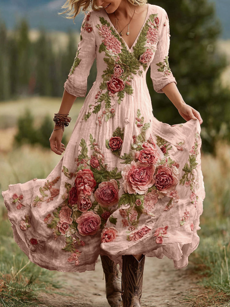 Robe longue confortable en mélange de lin à col en V, motif floral rose vintage pour femme