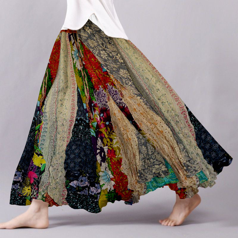 Jupe ample vintage style bohème en patchwork de lin mélangé