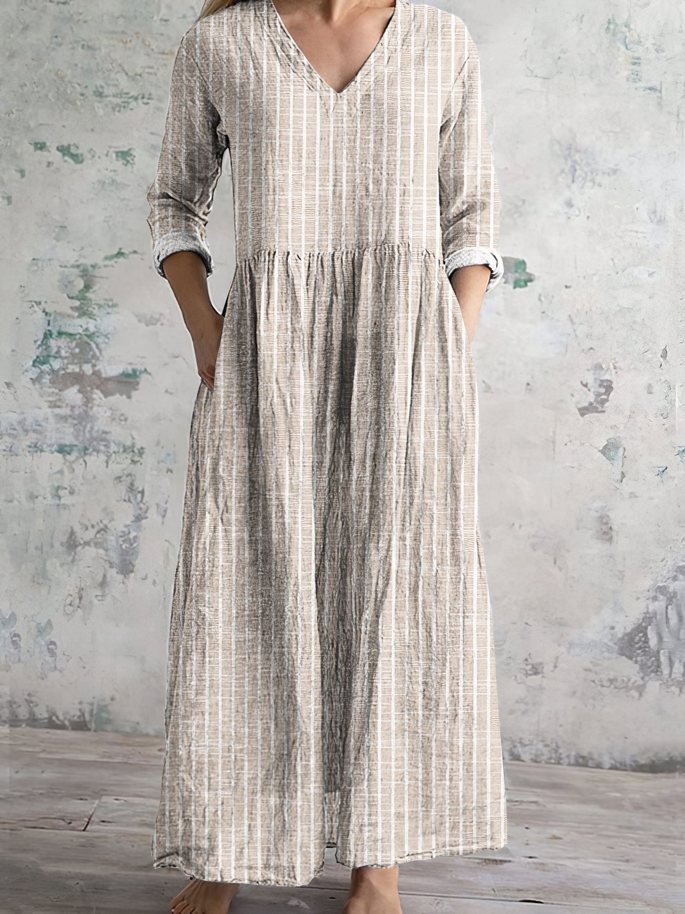 Robe en lin à motif rayé vintage pour femme