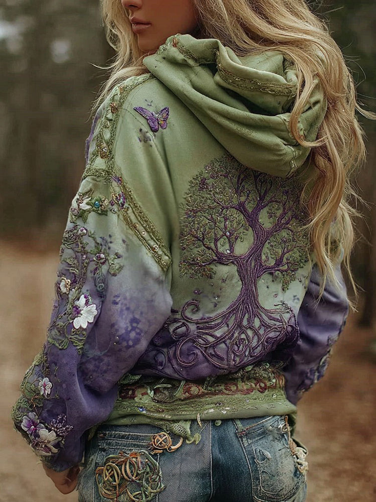 Sweat à capuche confortable dégradé, motif Arbre de Vie viking vintage, pour femmes