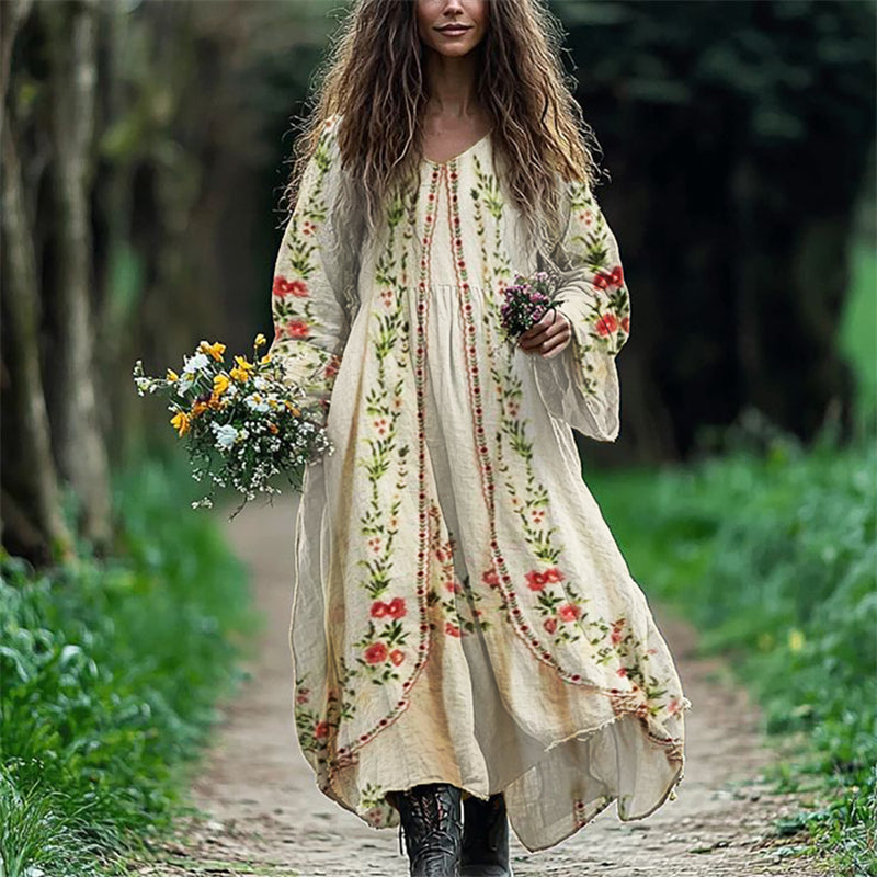 Robe longue ample bohème fleurie en mélange de lin de style vintage
