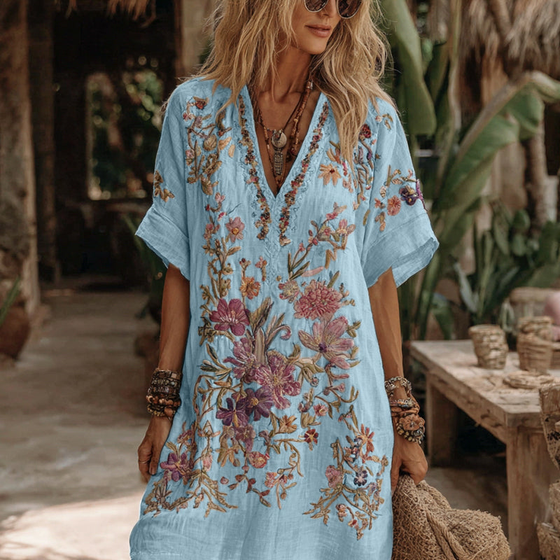Robe midi confortable à broderie florale et col en V pour femme