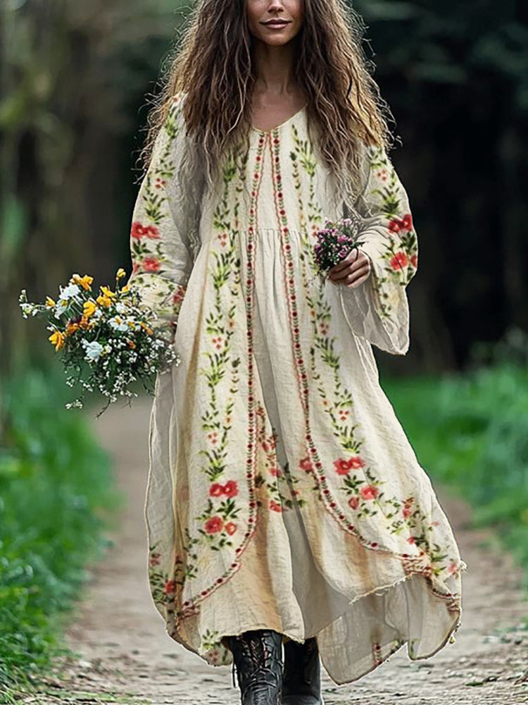 Robe longue ample bohème fleurie en mélange de lin de style vintage