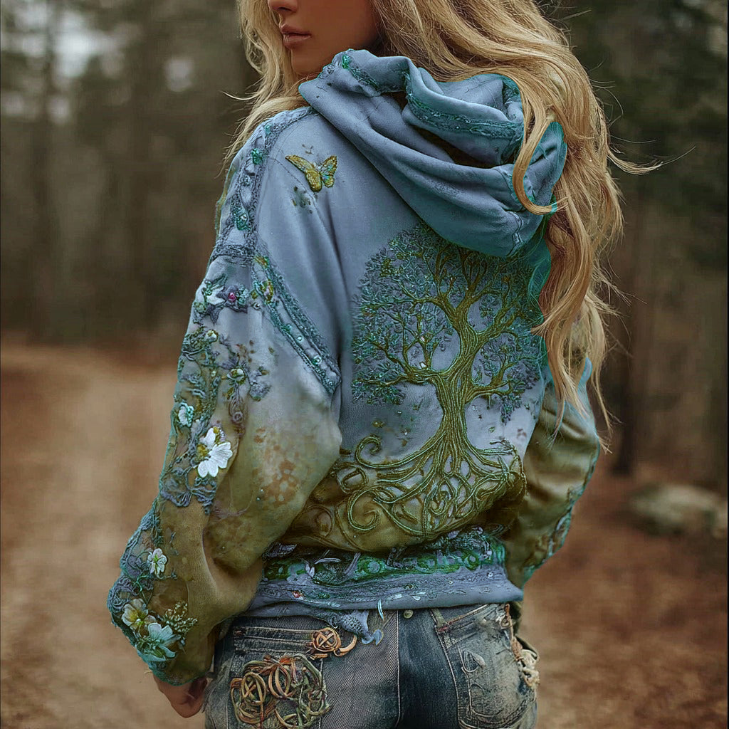 Sweat à capuche confortable dégradé, motif Arbre de Vie viking vintage, pour femmes