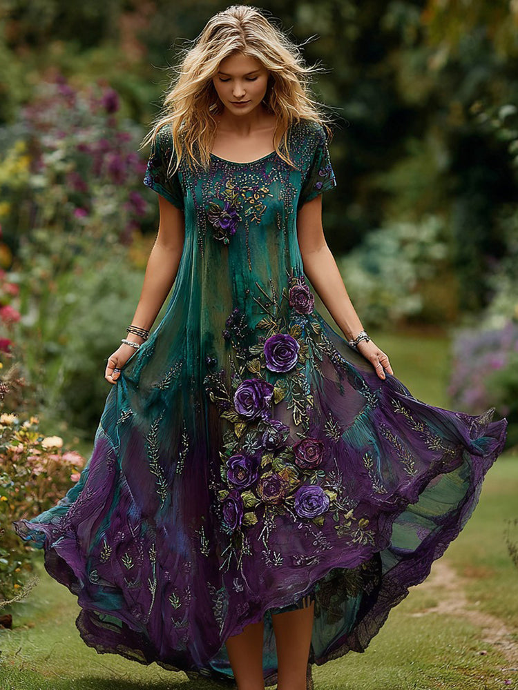 Robe femme vintage à broderie florale dégradée et col rond