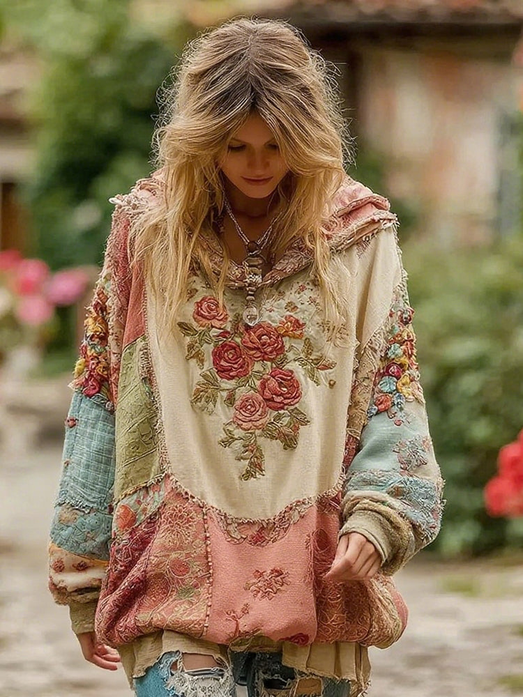 Sweat à capuche vintage à motif floral pour femme