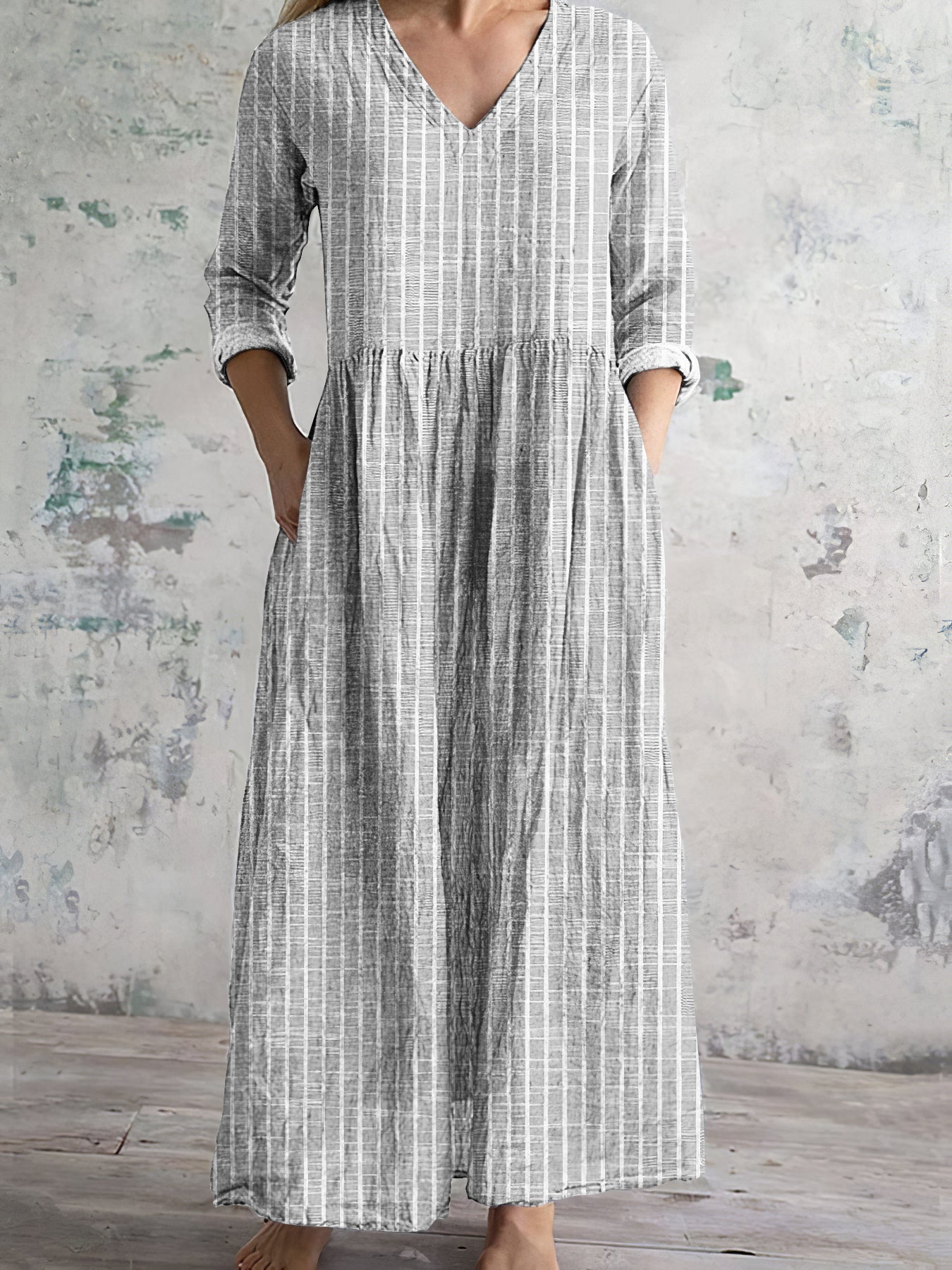 Robe en lin à motif rayé vintage pour femme