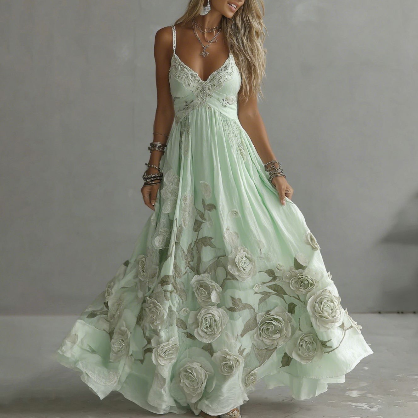 Robe longue à bretelles col en V brodée roses vintage pour femme