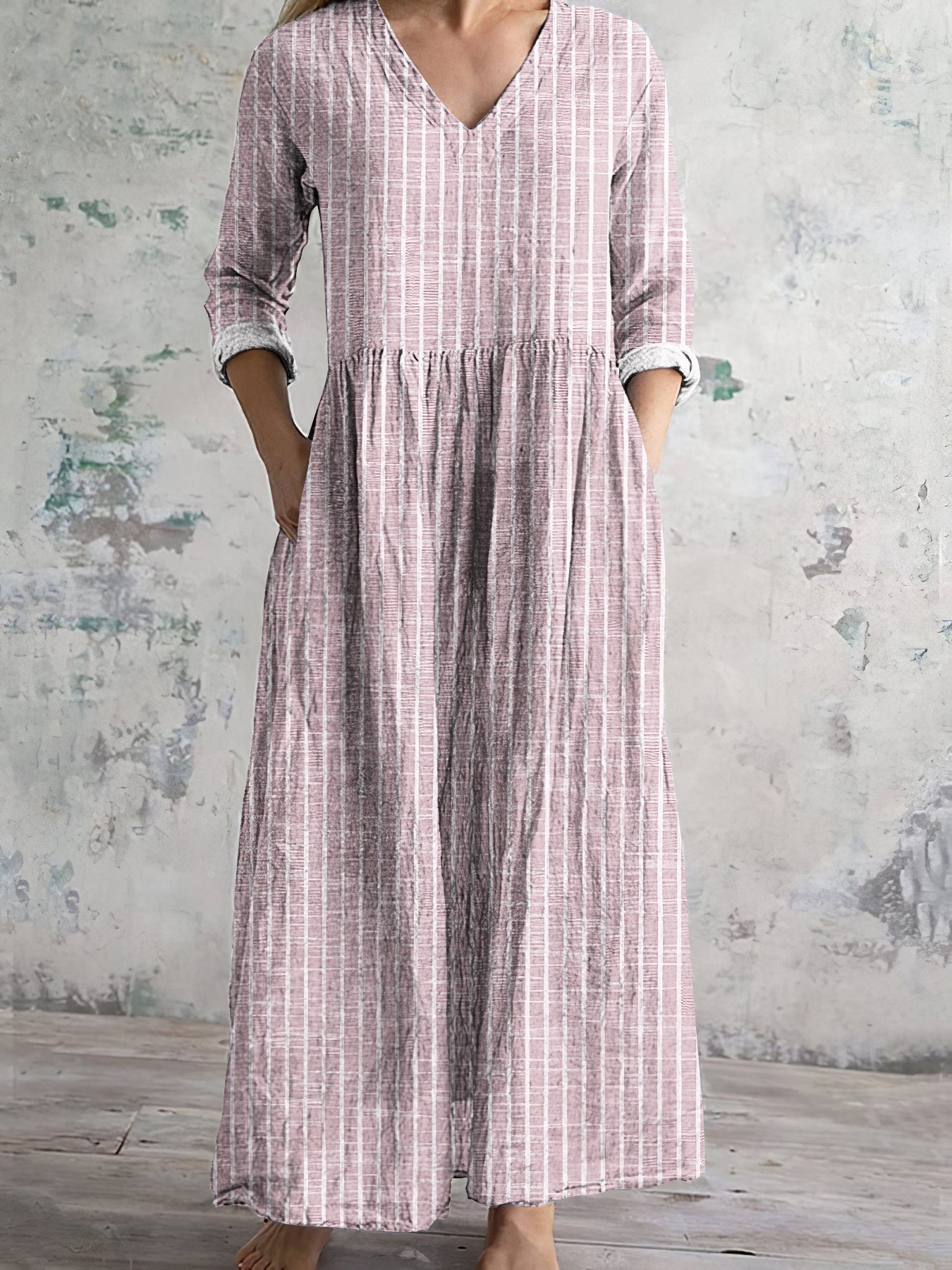 Robe en lin à motif rayé vintage pour femme
