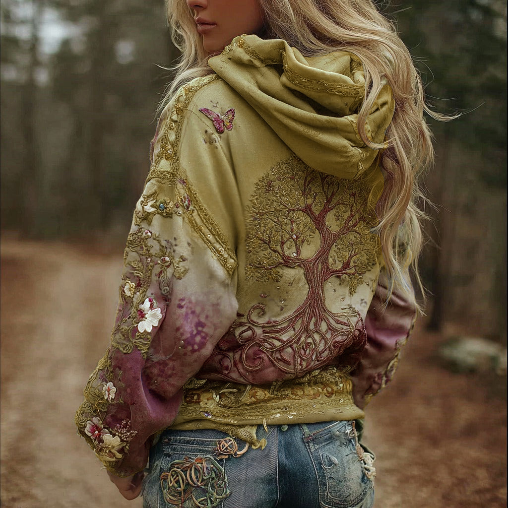 Sweat à capuche confortable dégradé, motif Arbre de Vie viking vintage, pour femmes