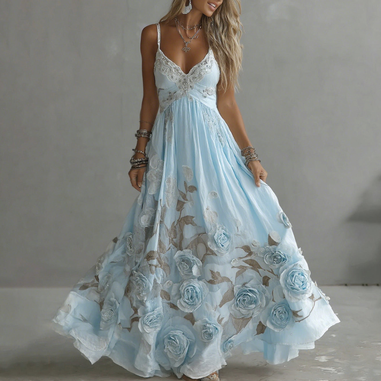 Robe longue à bretelles col en V brodée roses vintage pour femme