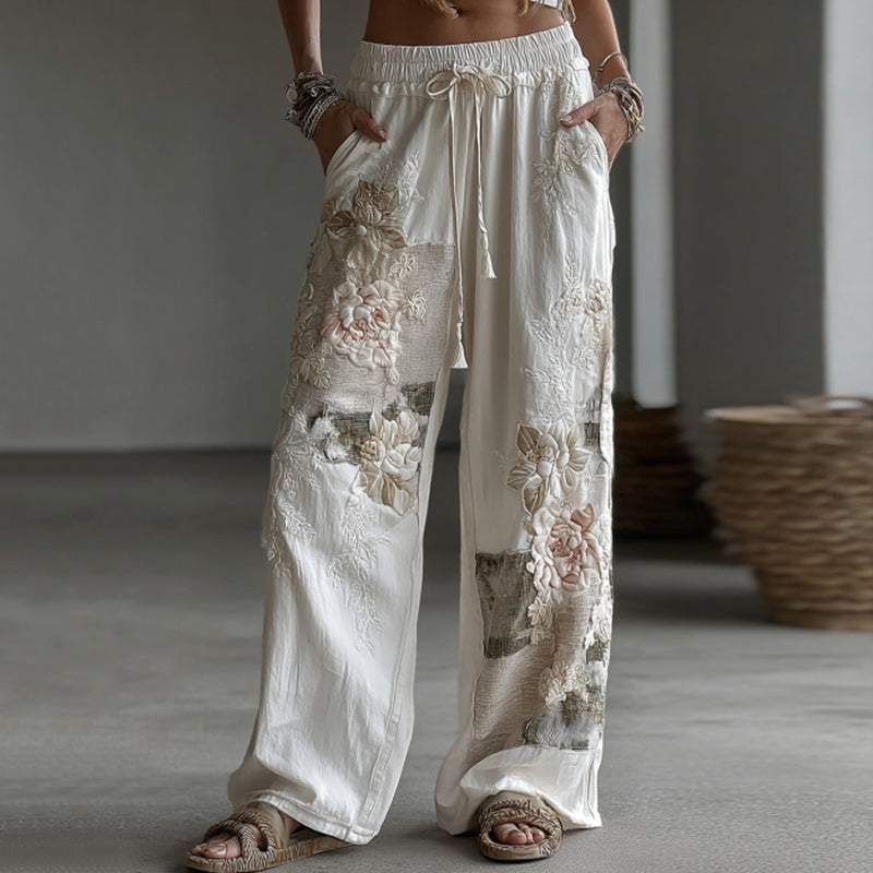Pantalon décontracté en lin pour femme, avec patchwork floral rétro et motifs artistiques