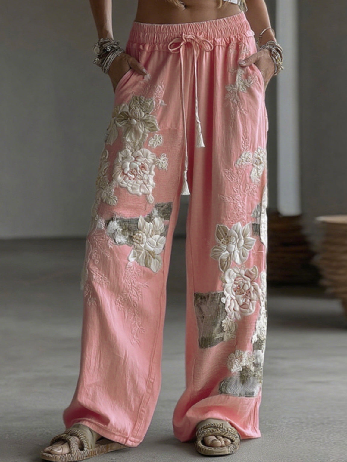 Pantalon décontracté en lin pour femme, avec patchwork floral rétro et motifs artistiques
