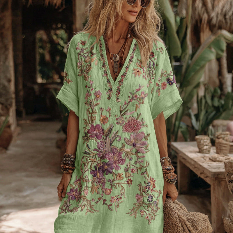 Robe midi confortable à broderie florale et col en V pour femme