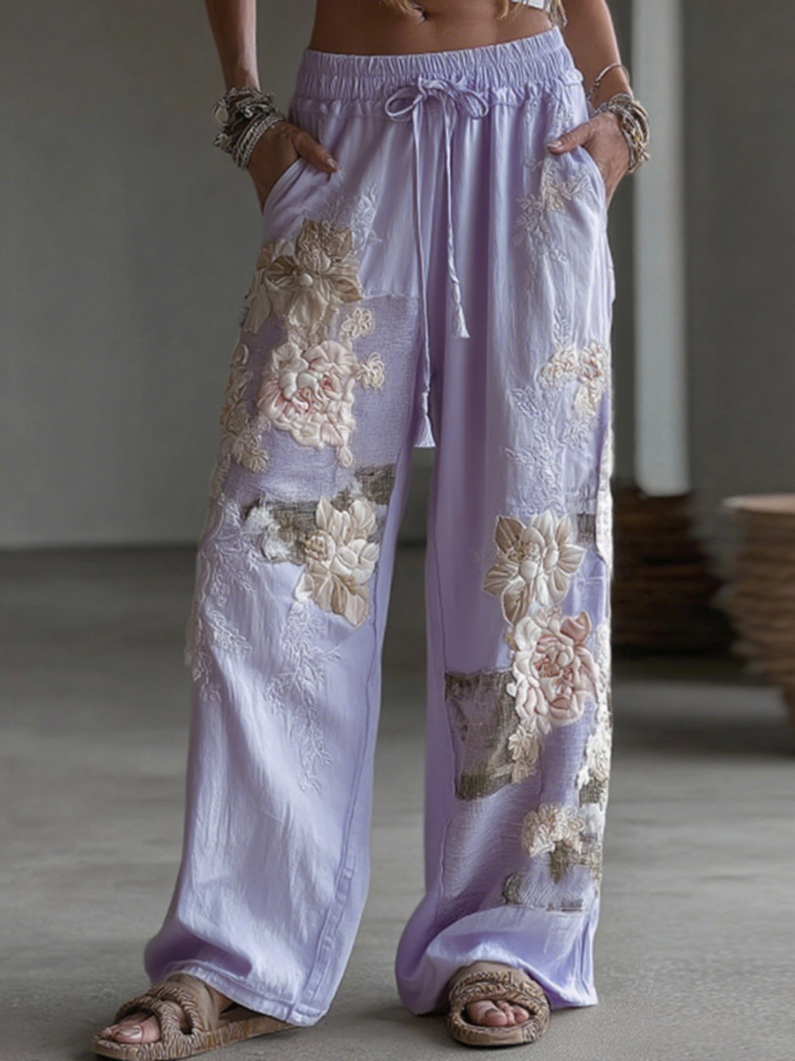 Pantalon décontracté en lin pour femme, avec patchwork floral rétro et motifs artistiques