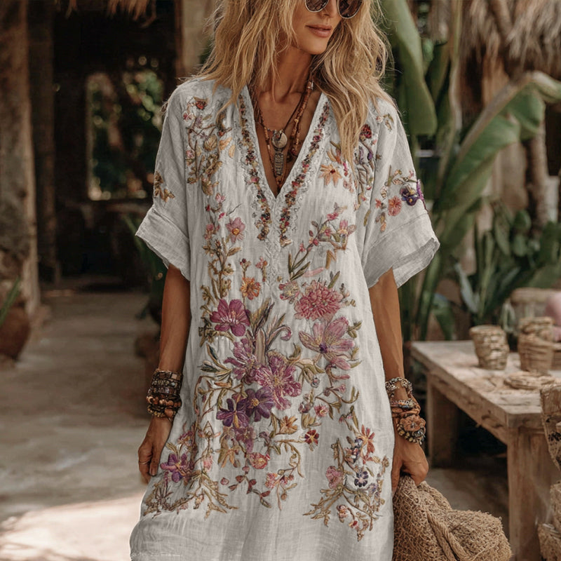 Robe midi confortable à broderie florale et col en V pour femme