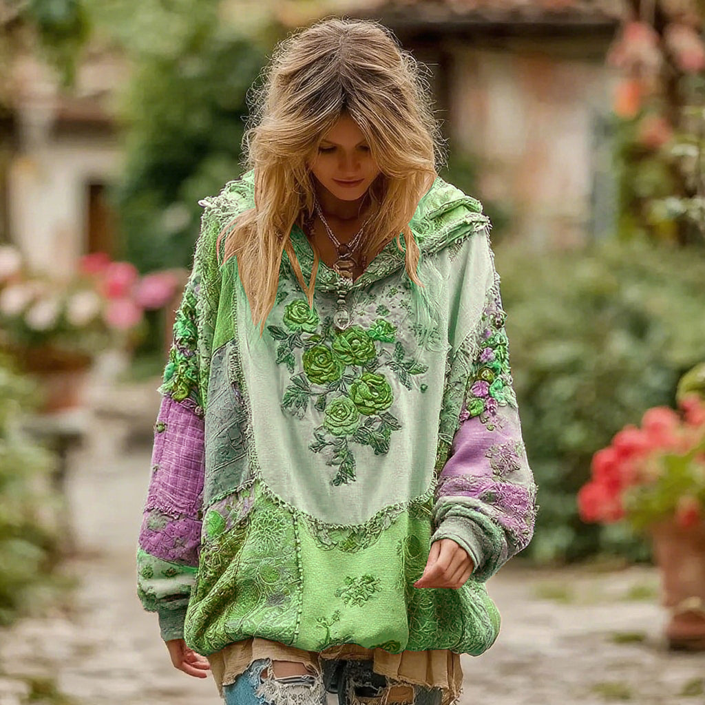 Sweat à capuche vintage à motif floral pour femme