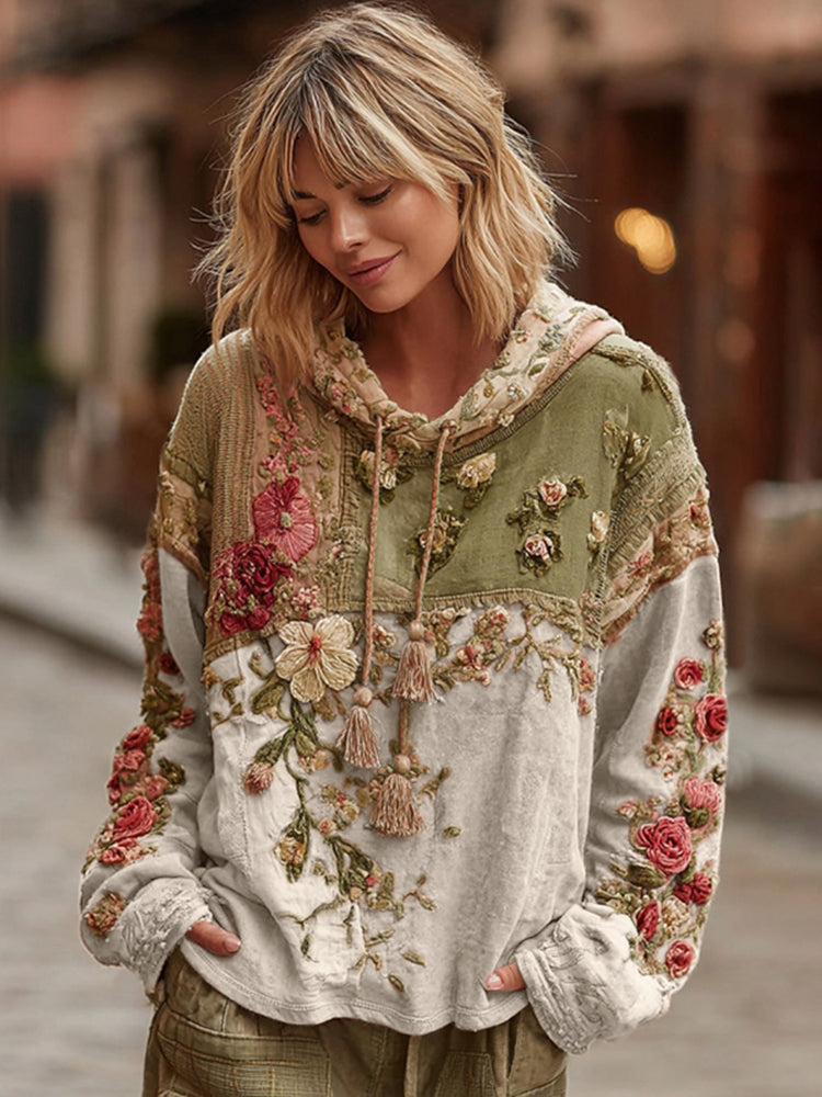Sweat-shirt décontracté à capuche pour femme avec broderie florale et blocs de couleurs style bohème