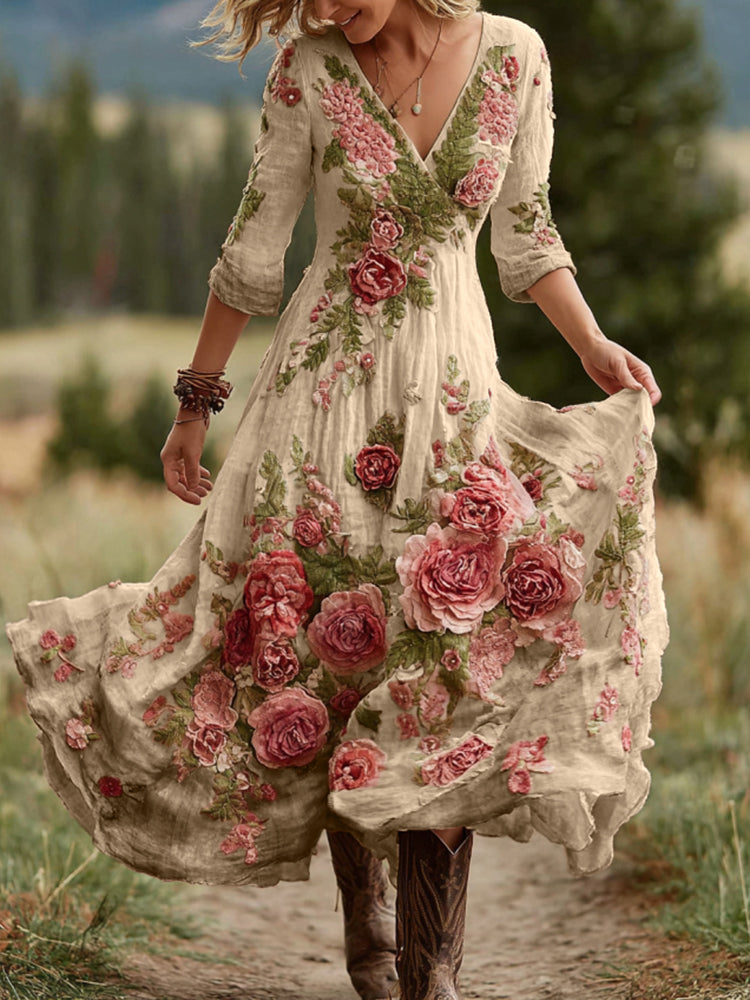 Robe longue confortable en mélange de lin à col en V, motif floral rose vintage pour femme